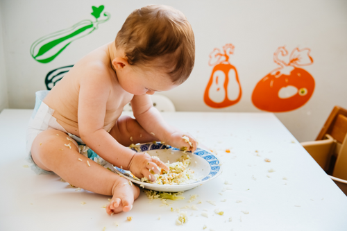 Baby with a plate of food