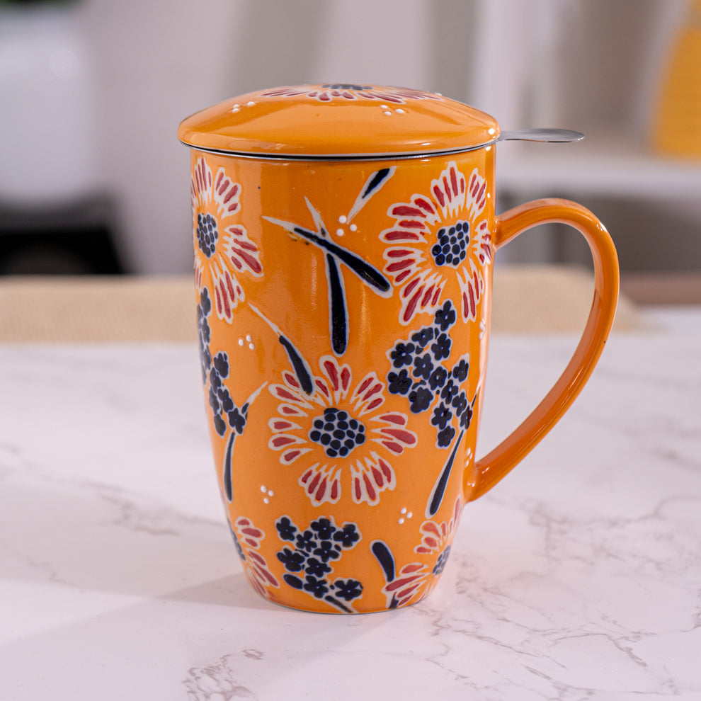 Orange Floral - Mug with Lid and Infuser (for loose leaf tea)