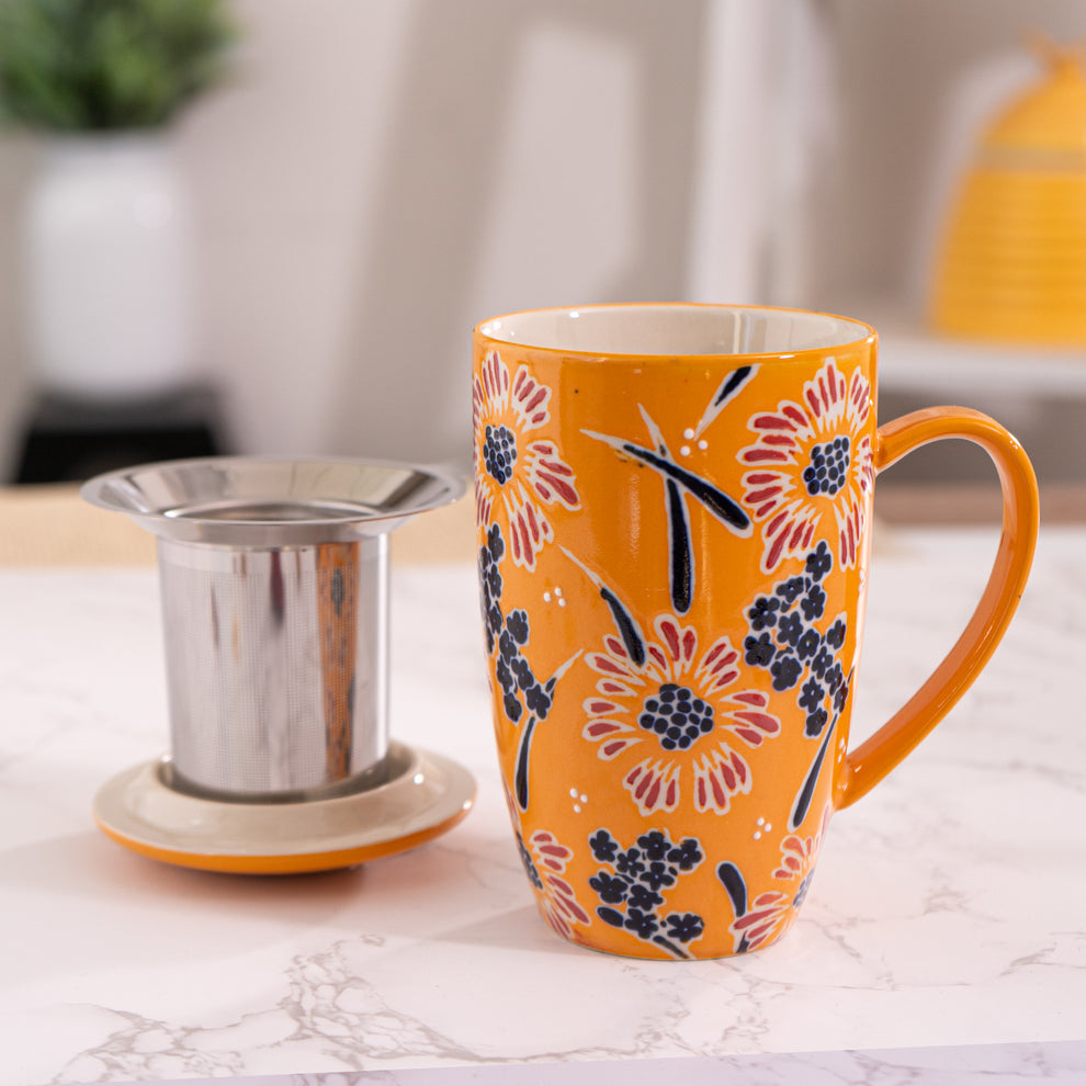 Orange Floral - Mug with Lid and Infuser (for loose leaf tea)