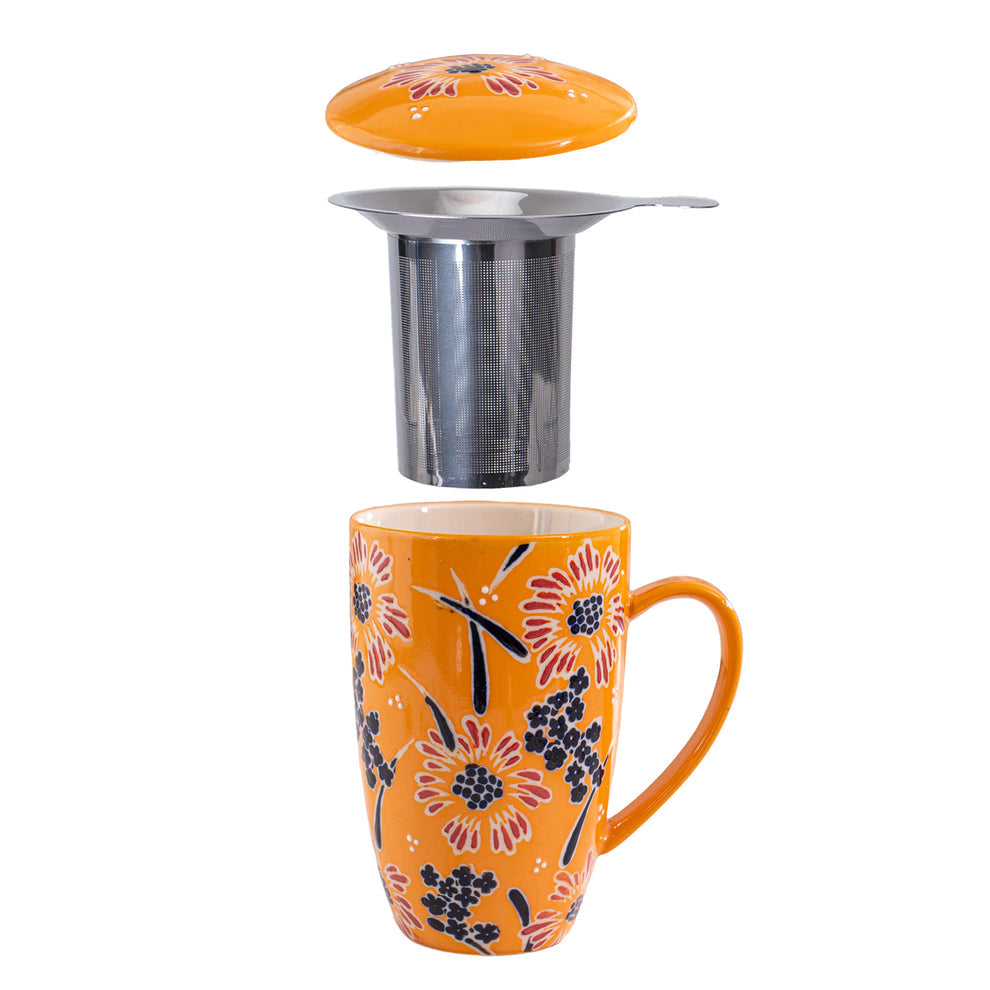 Orange Floral - Mug with Lid and Infuser (for loose leaf tea)