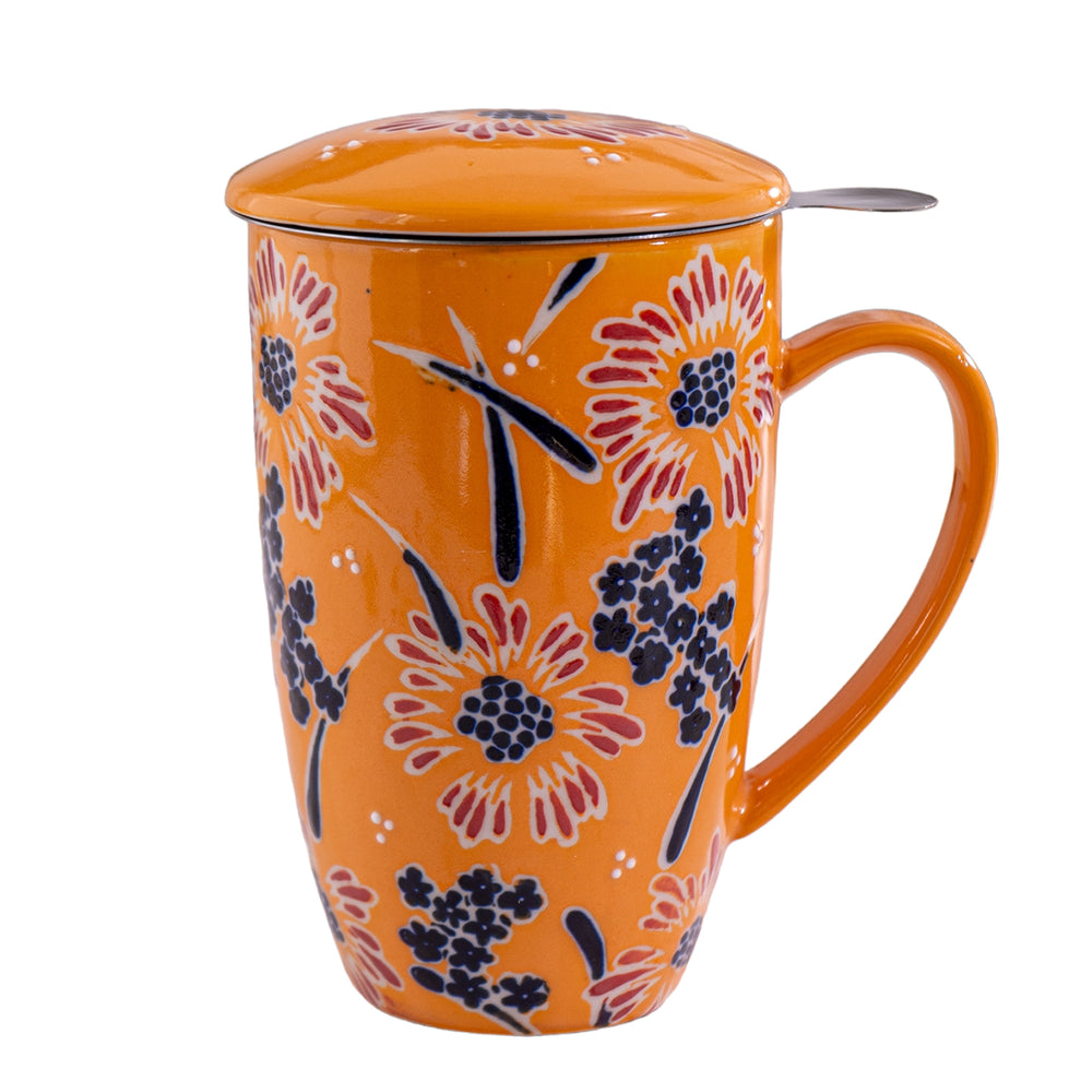 Orange Floral - Mug with Lid and Infuser (for loose leaf tea)